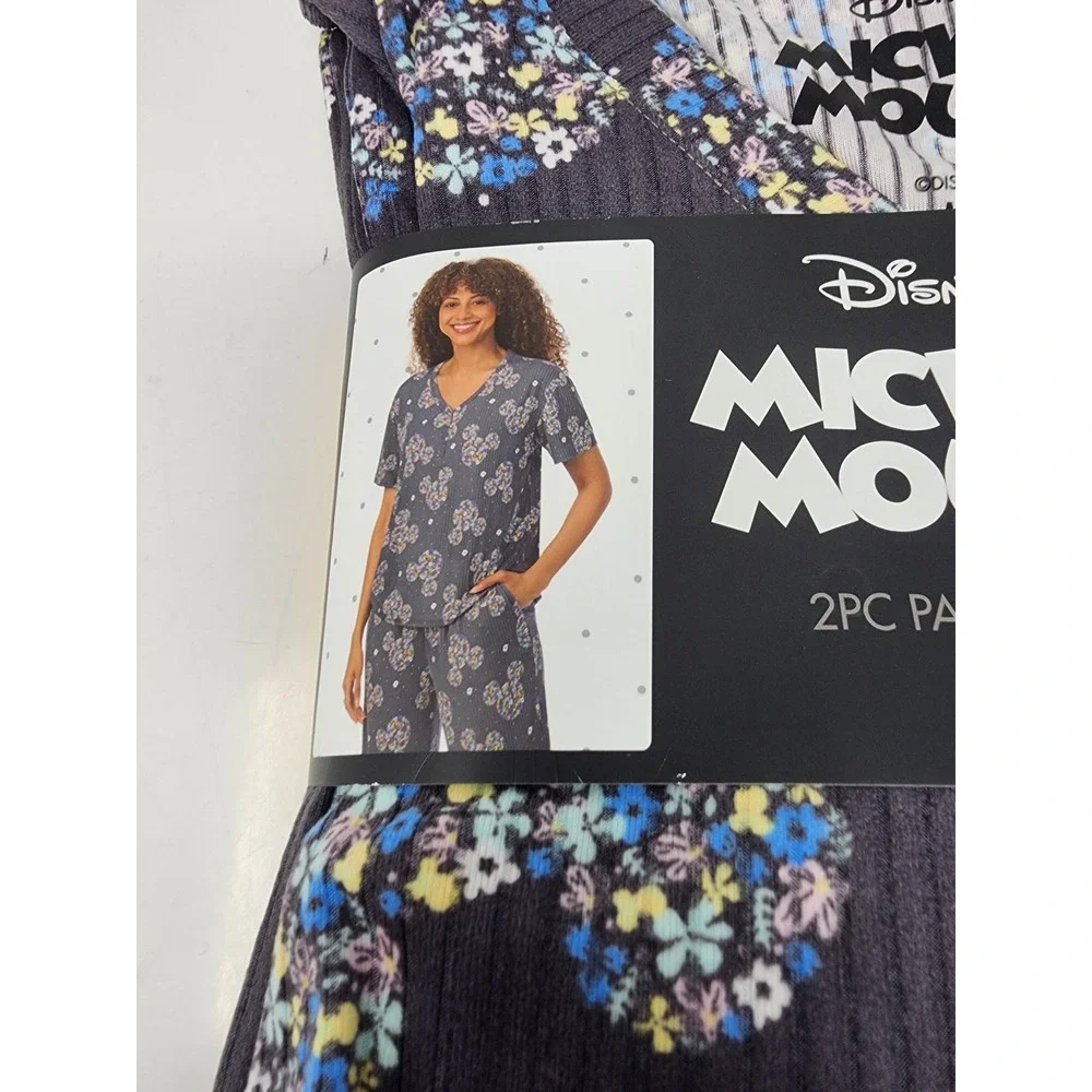 Disney Womens Mickey Mouse 2PC Pajama Set Gray Poly Blend Casual Size Medium - Picture 2 of 5